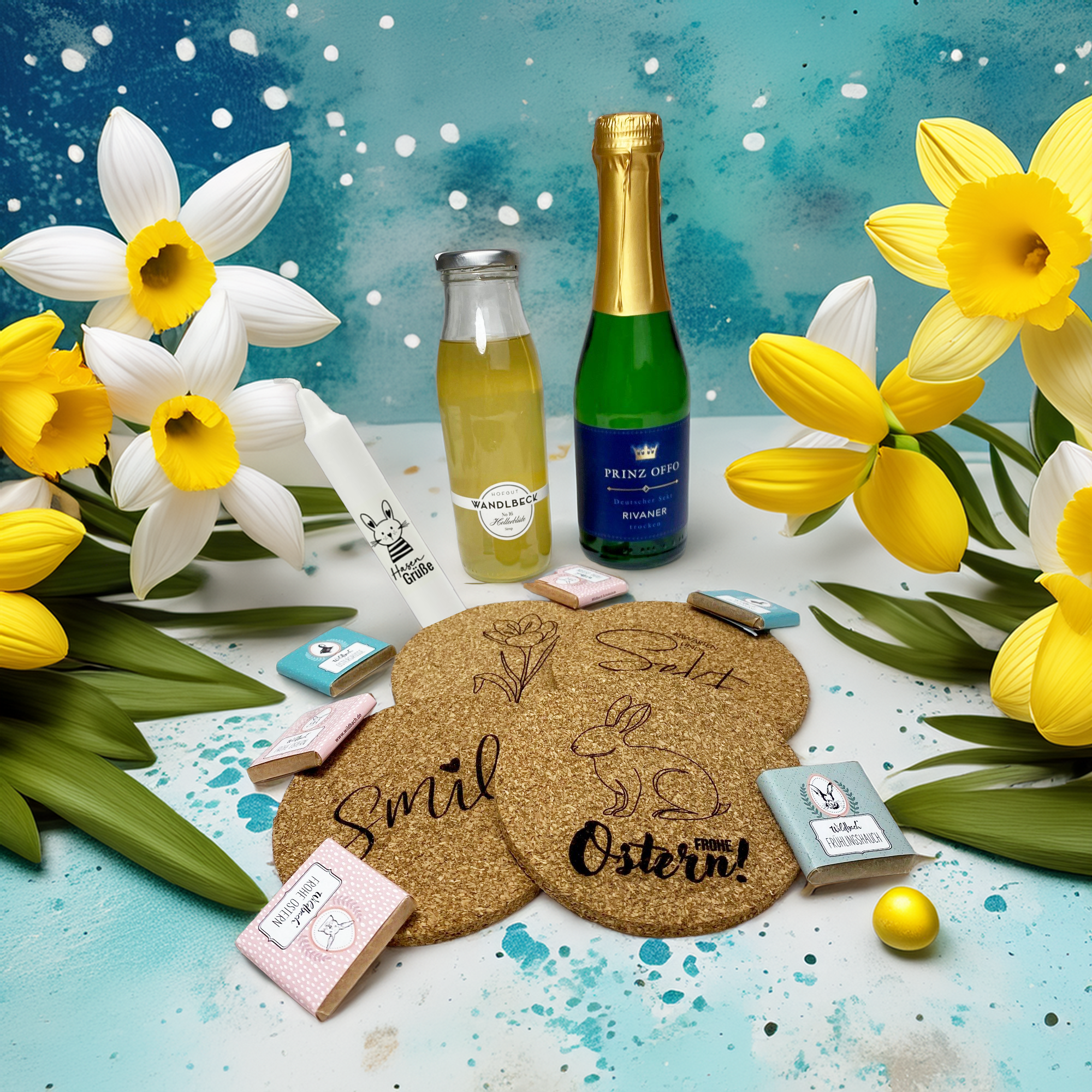 Osterüberraschung für Kunden mit Piccolo, Sirup, Schokotäfelchen, Osterkerze, frühlingshaften Korkuntersetzern arrangiert zwischen Osterblumen. Auch ein perfektes Ostergeschenk für Mitarbeiter!