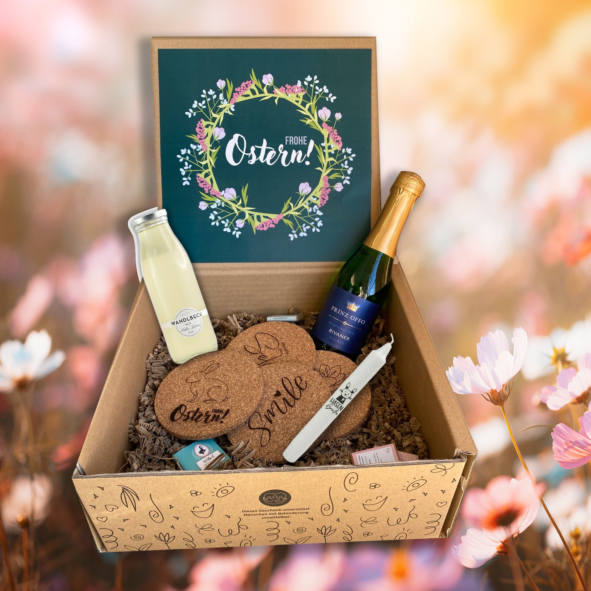 Osterüberraschung für Kunden mit Piccolo, Sirup, Schokotäfelchen, Osterkerze, frühlingshaften Korkuntersetzern arrangiert in Ostergeschenkbox. Auch ein perfektes Ostergeschenk für Mitarbeiter!