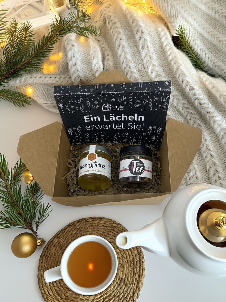 Kleine Wohlfühlpause in Geschenkbox: Tee und Honig - perfekt für Kunden und Kollegen
