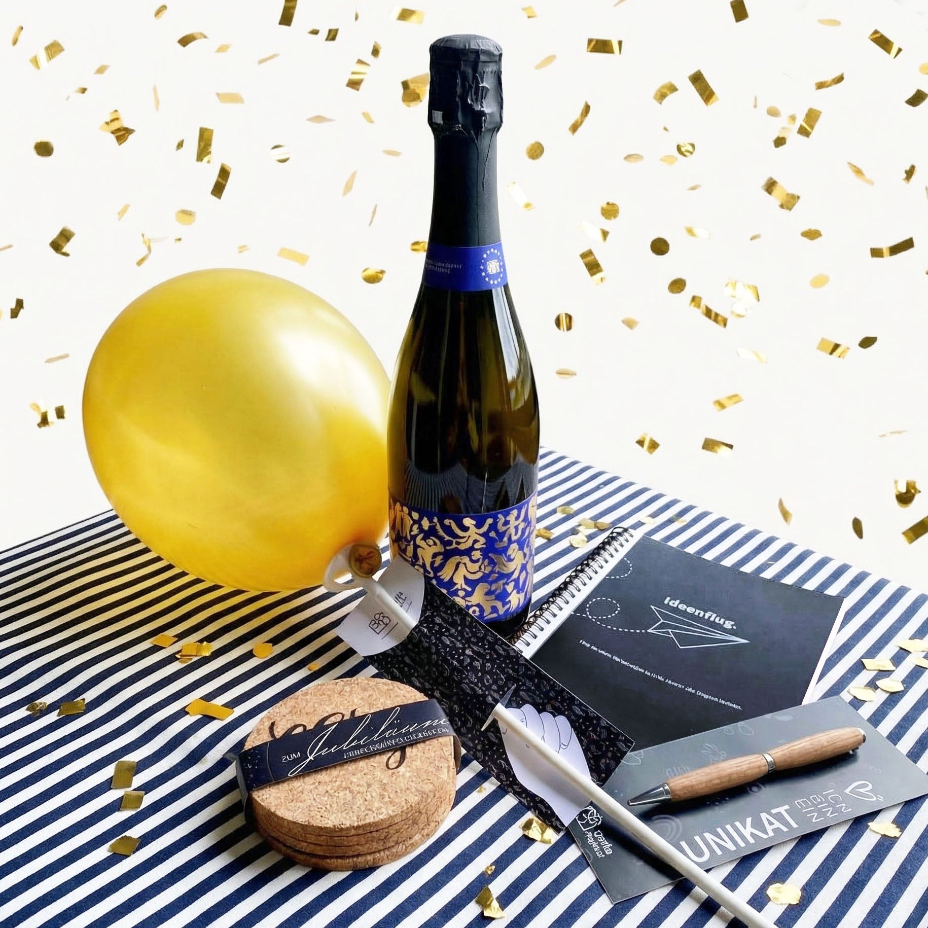 Geschenkset für Mitarbeiterjubiläum und Promotionen - mit Sekt, Luftballon, Korkuntersetzern, Kugelschreiber und Notizbuch