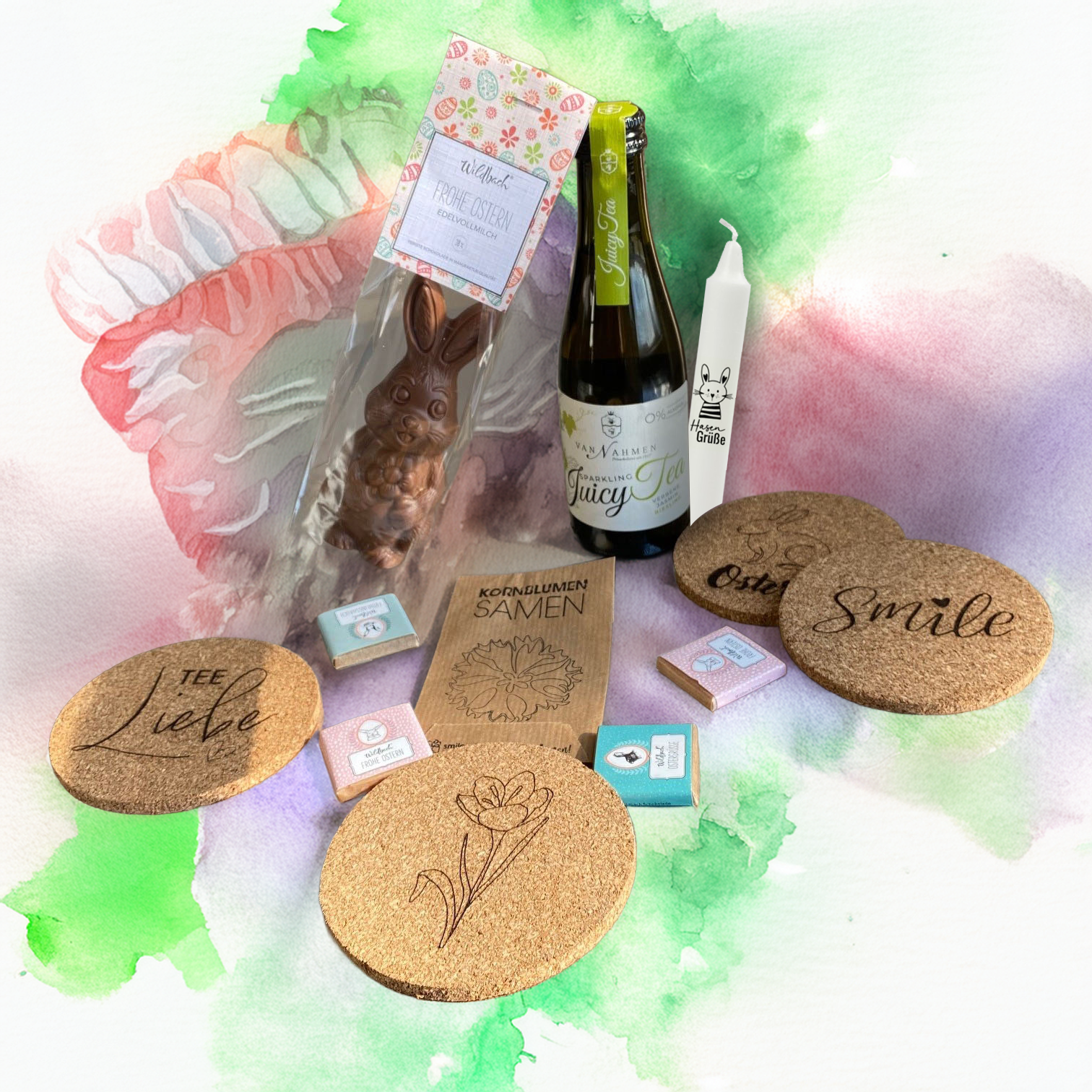 Osterüberraschung für Kunden mit Osterkerze, Schokohase, Schokotäfelchen, Juicy Tee, frühlingshaften Korkuntersetzern und Blumensamen. Auch ein perfektes Ostergeschenk für Mitarbeiter!