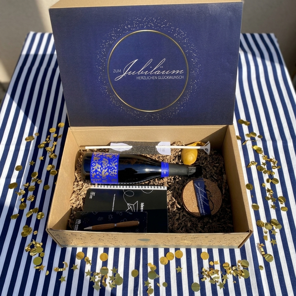 Geschenkbox in blau - Herzlichen Glückwunsch zum Jubiläum -  Jubiläumsgeschenk im Karton verpackt