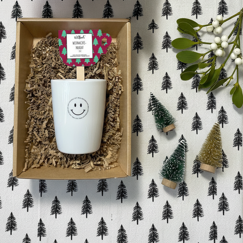 Tasse und Trinkschokolade hübsch weihnachtlich verpackt als Wichtelgeschenk